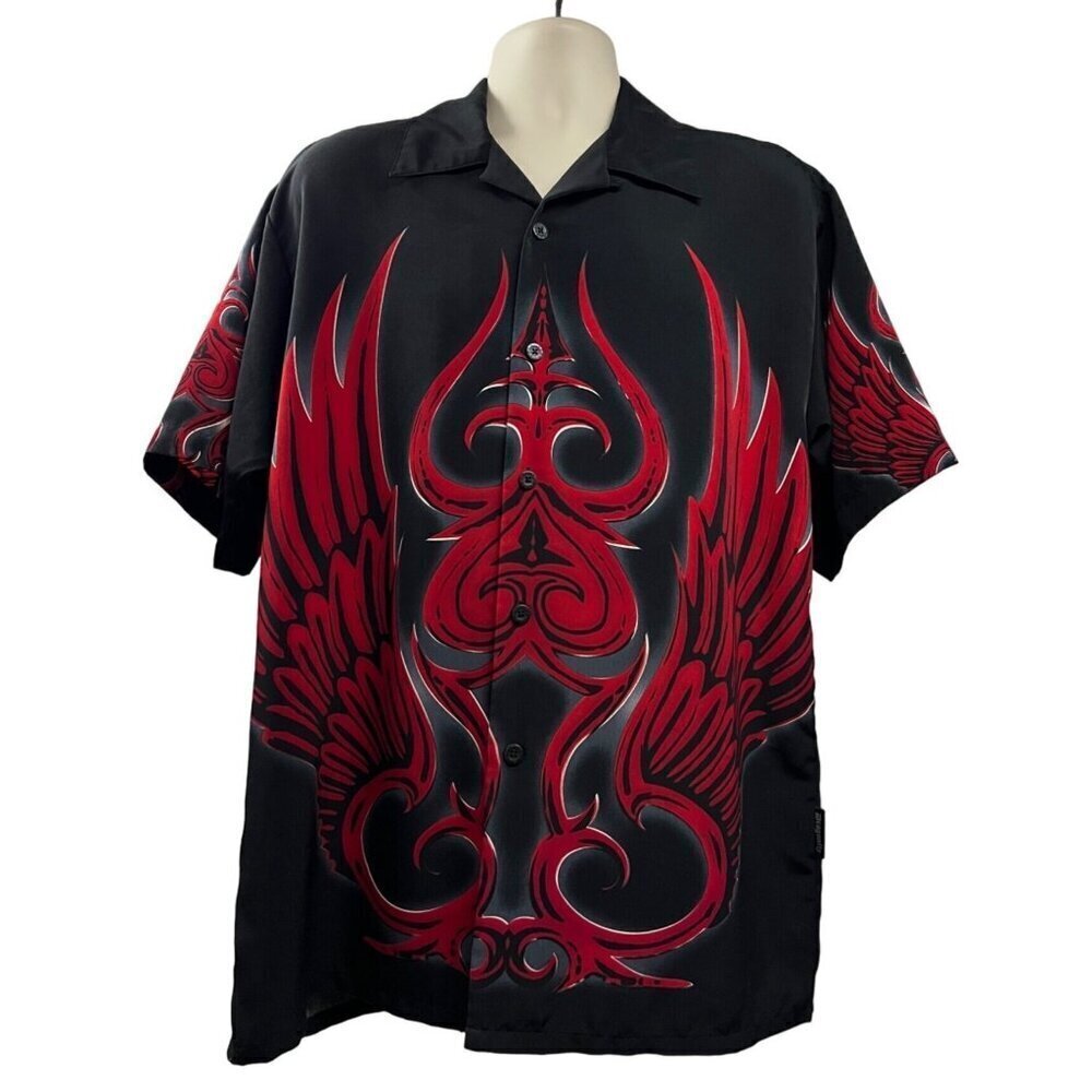 Dragonfly Mens Vintage Rockabilly Black Red Flames Wings Button Up Shirt Large